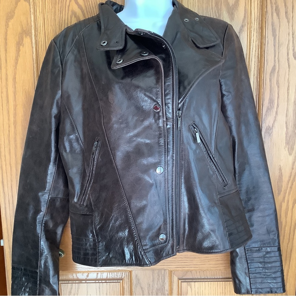 Genuine Leather Dark Brown Moto Jacket Laundry by Shellie Segal Sz L